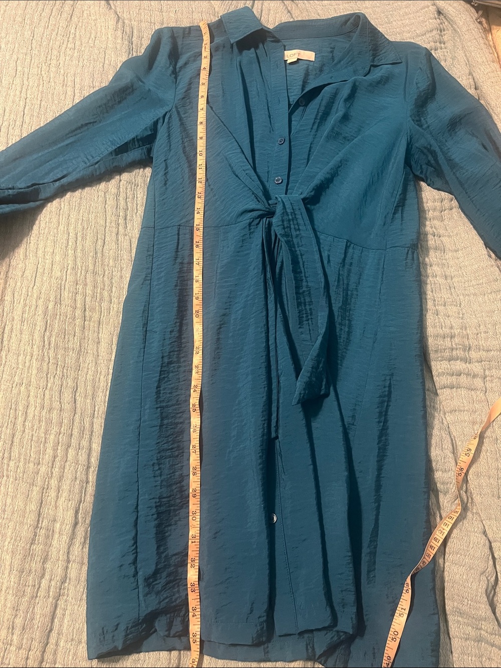 LOFT Teal Textured Tie-Front Long Sleeve Dress 6 - Picture 14 of 15